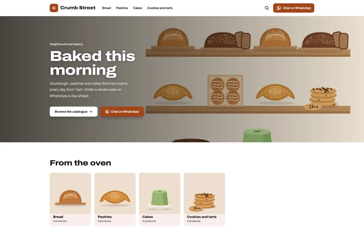 A sample bakery's home page on retale, in its own colour.